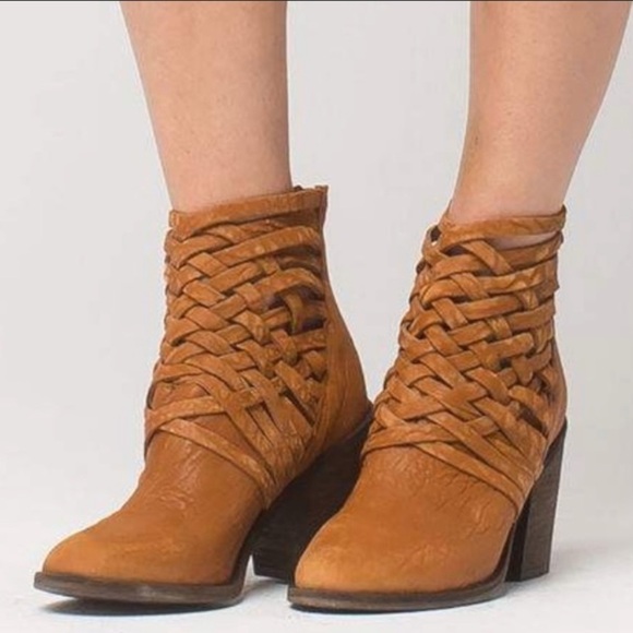 - Free People Brown Distressed Leather Carrera Criss-Cross Stacked Heel Bootie - Picture 2 of 10
